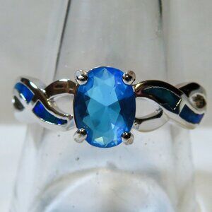 Silver Ring Size 10 Blue Lab Fire Opal Inlay 8mm * 6mm Blue Topaz New Old Stock